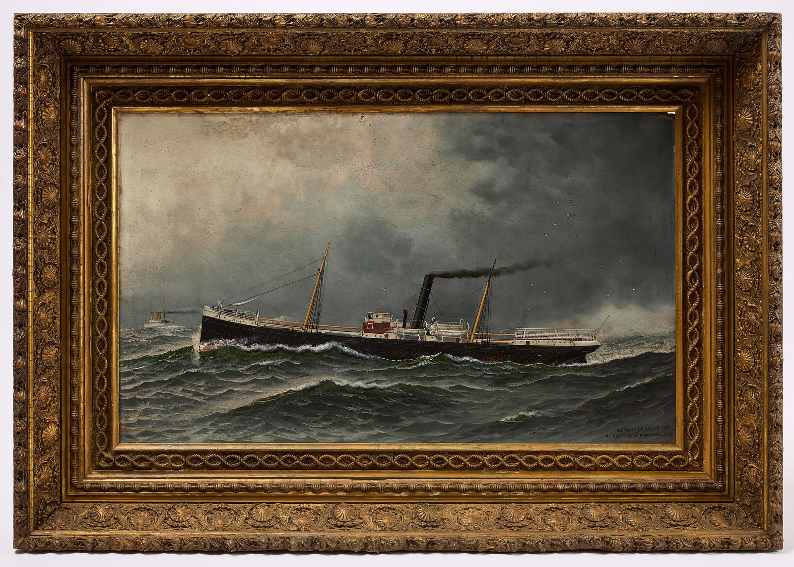 Antonio Jacobsen – Navajo: Antonio Jacobsen (1850–1921). Steamer Navajo. Oil on artists panel.Signed, inscribed '31 Palisade Av West Hoboken N' and dated. Period, possibly original frame. Frame: H 27-1/4"