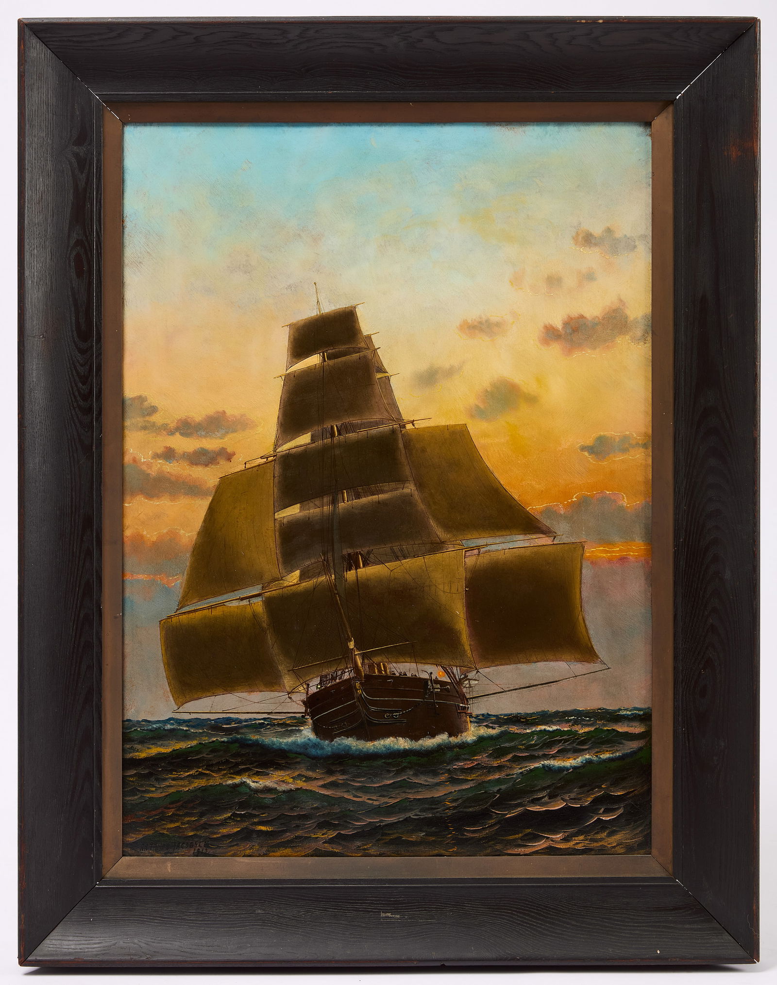 Antonio Jacobsen - Clipper Ship Under Sail: Antonio Jacobsen (1850–1921). Clipper ship under sail. Oil on artist's board. Signed and dated LL. American, 1912. Early, possibly original frame. Frame: H 38" W 29-3/4". Sigh