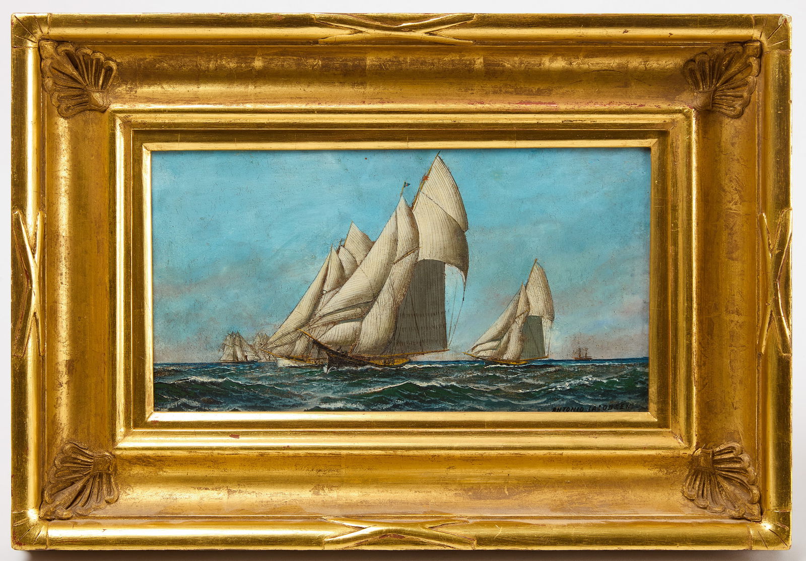 Antonio Jacobsen – Sailboats in Brisk Wind: Antonio Jacobsen (1850–1921). Sailboats in a brisk wind. Oil on board. Signed LR. American, 1915. Overall: H 14-1/2" W 21" D 2-1/4" . Sight: H 7-1/4" W 13-3/4
