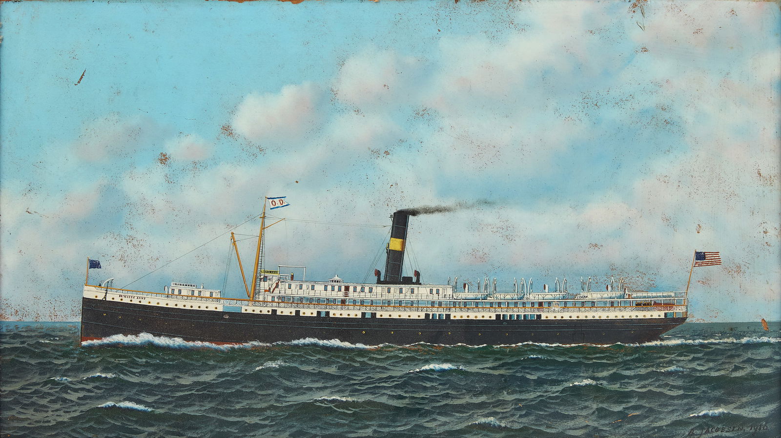 Antonio Jacobsen - Old Dominion Steam Ship Princess Anne: Antonio Jacobsen (1850-1921) - portrait of the Old Dominion steam ship 'Princess Anne'. Oil on panel. Original frame. Artist signed LR and dated 1910. Frame: H 18-1/4" W 30-1/2" Pane