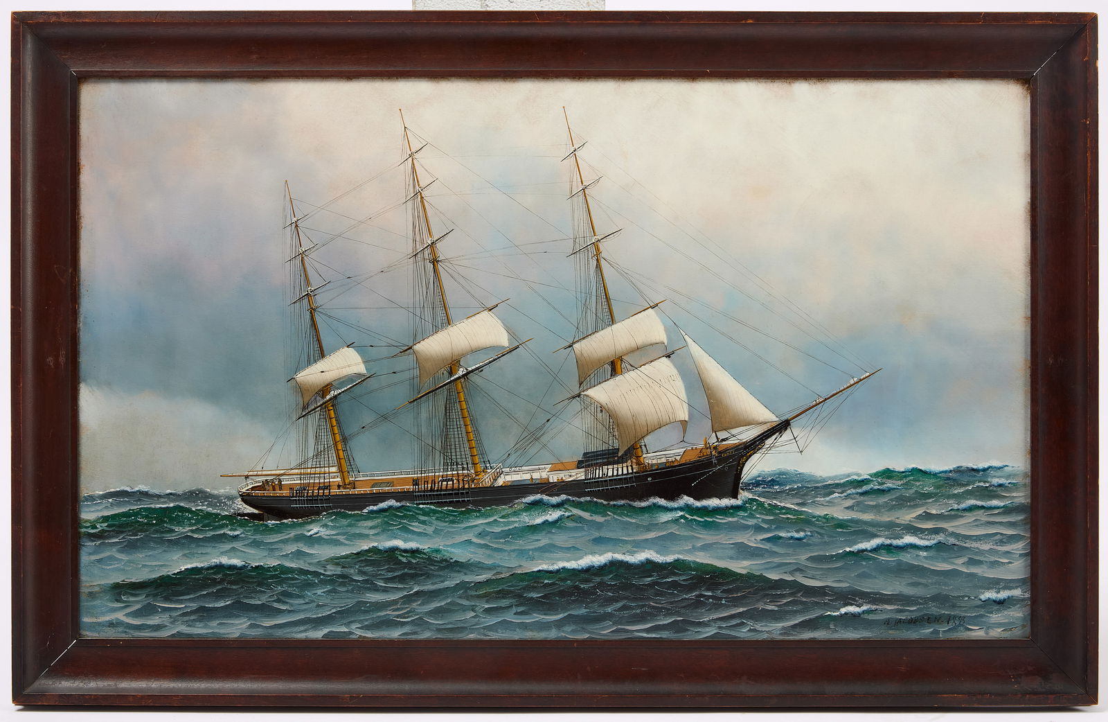 Antonio Jacobsen – Comet: Antonio Jacobsen (1850–1921). Sailing ship Comet. Oil on artist's board. Signed, inscribed 'Clipper Comet Built by William H. Webb, N.Y. in 1851' and dated. American, 1893. Fra
