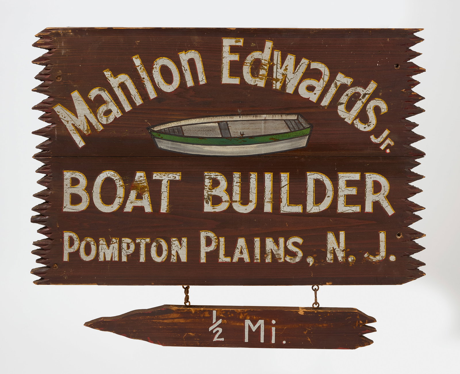 Boat Builder Trade Sign: Mahlon Edwards. 'Boat Builder' trade sign. Original paint on wood panel. American, circa 1920. H23-1/4" W36". Condition: Original condition with minor imperfections and we