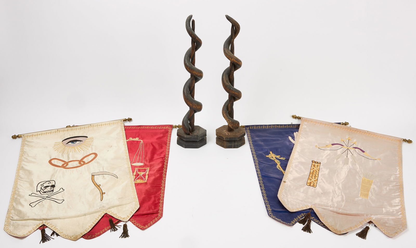 Four Oddfellows Banners and Pair of Carved Snake Figures (1 of 6)
