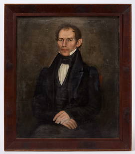 E. S. Field – Portrait of a Man: Erastus Salisbury Field (1805–1900). Portrait of a man. Oil on canvas. New England, circa 1840. Frame: H 41-1/4" W 35-5/8". Canvas: H 34-1/2" W 27-7/8". Condition: Relin