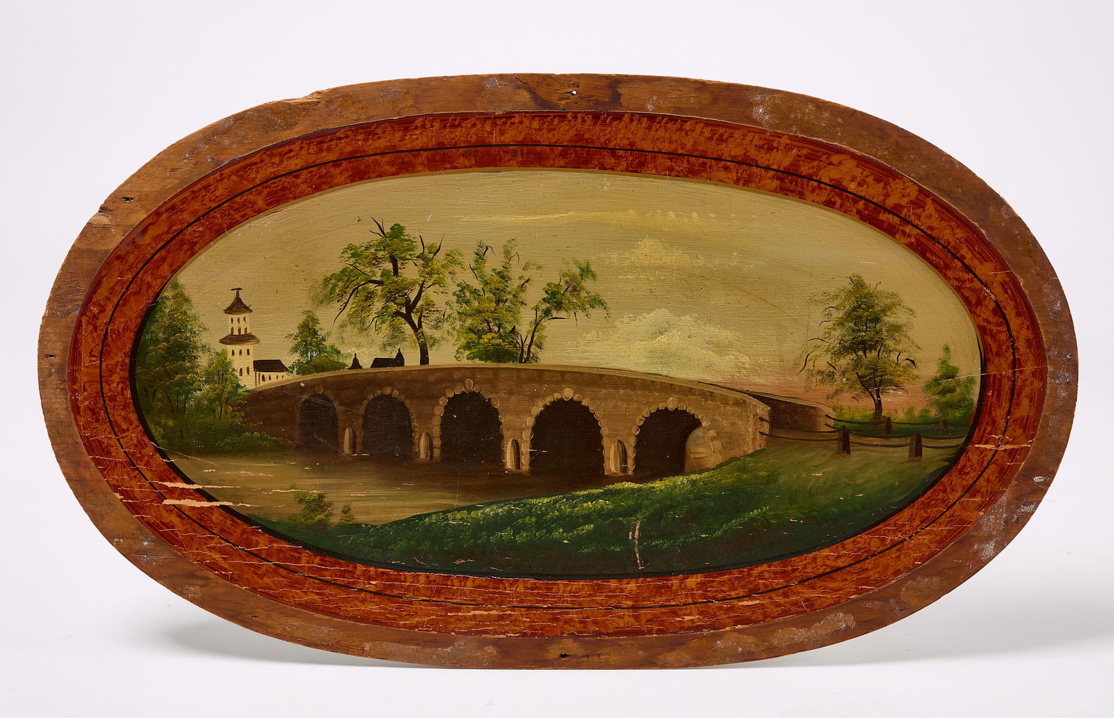 Folk Art Painting of a Bridge with Town (1 of 2)