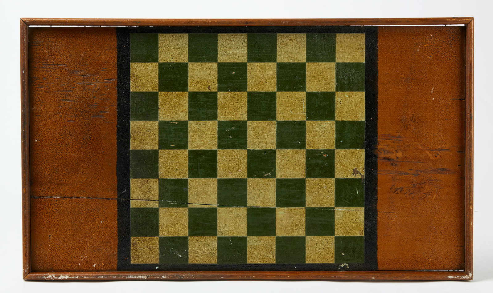 Checkerboard: Checkerboard. One panel of pine with applied border. Light and dark green squares surrounded by black line border on natural background. American, 19th century. H 15-3/4" W 20-7/8". Con