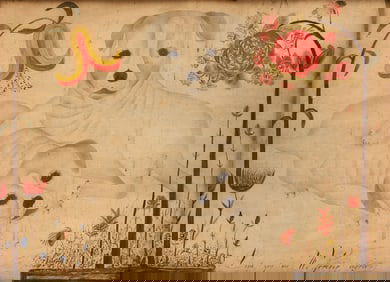 Folk Art Watercolor of Two Puppies in Flower Patch