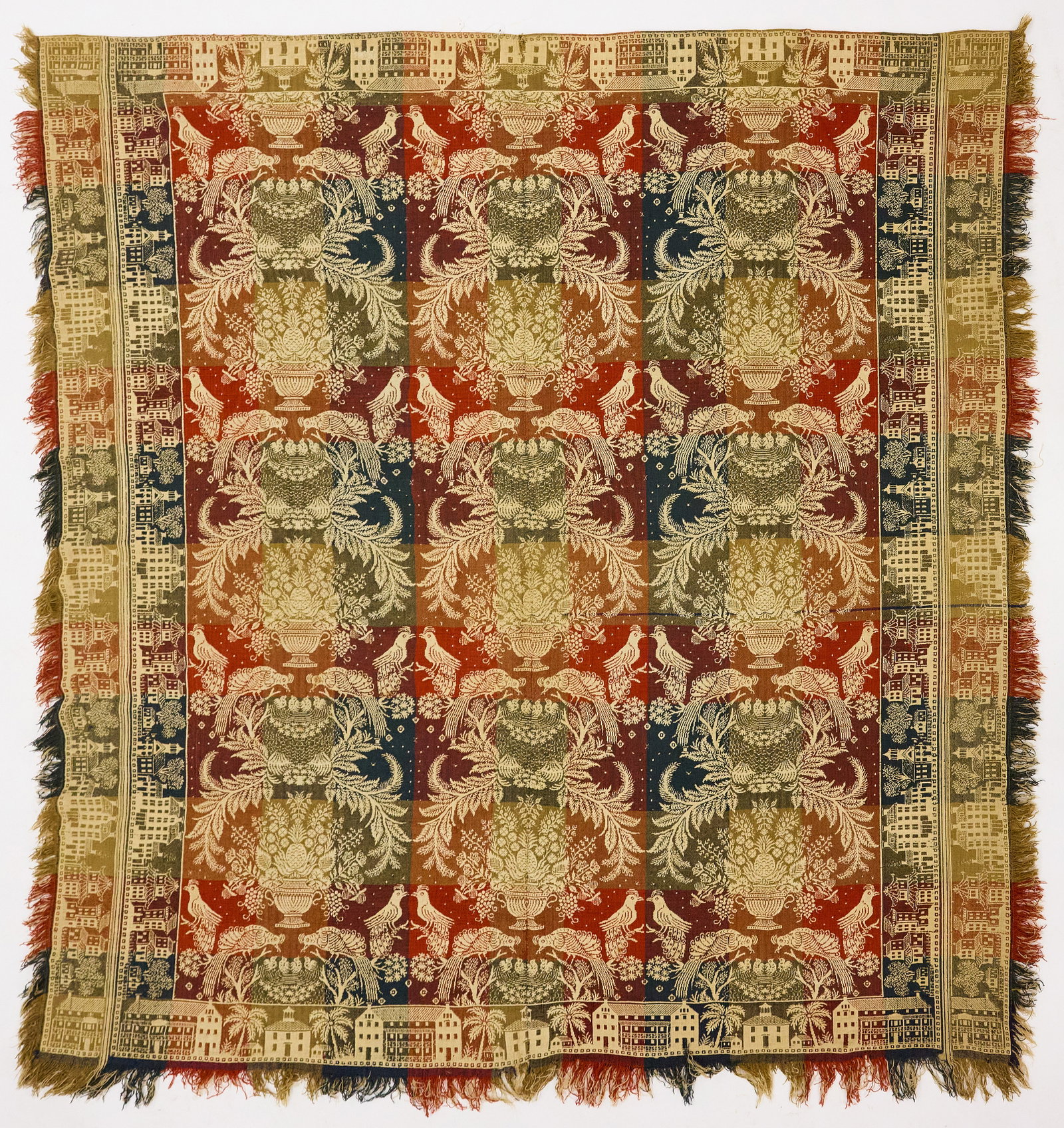 Coverlet with Birds: Coverlet with birds. L 88" W 83-1/2". Condition: Very good; minor imperfections. Link for high-res images: https://www.dropbox.com/scl/fo/k8zfnnmi9t1h6zidxxdh6/AICHEu0noHfa1H5bGD70V1U?rlkey=