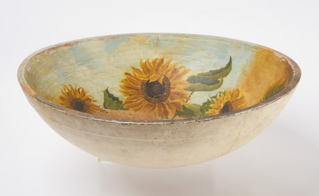 Large Treen Bowl In White Paint With Sunflower Painting