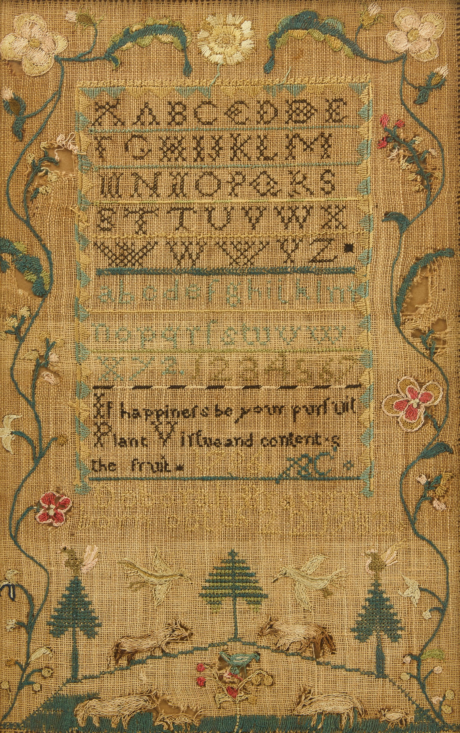 Deborah Brown - Massachusetts Needlework Sampler: Revolutionary War era needlework sampler wrought by Deborah Brown (b. 1788, Boxford, MA). This textile relates and belongs to a small known group of samplers from Essex County which incorporate folky