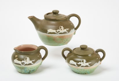 Three Piece Pisgah Forest Pottery Tea Set with Native American Motif