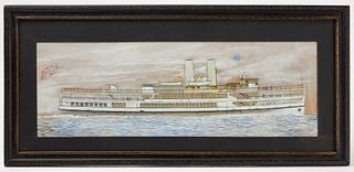 Steam Boat Watercolor: Steam boat watercolor on paper. In period frame. New England. Early 20th century. Frame: H 17-1/4" W 37-1/4". Sight: H 10-1/4" W 30". Condition: Excellent with minor imperfections.