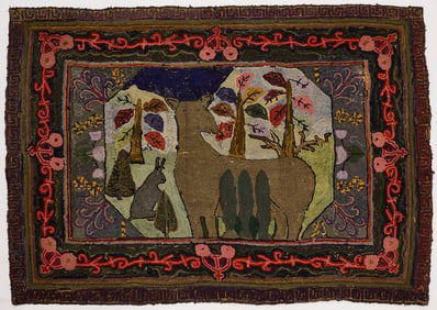 Hooked Rug with Deer and Rabbit