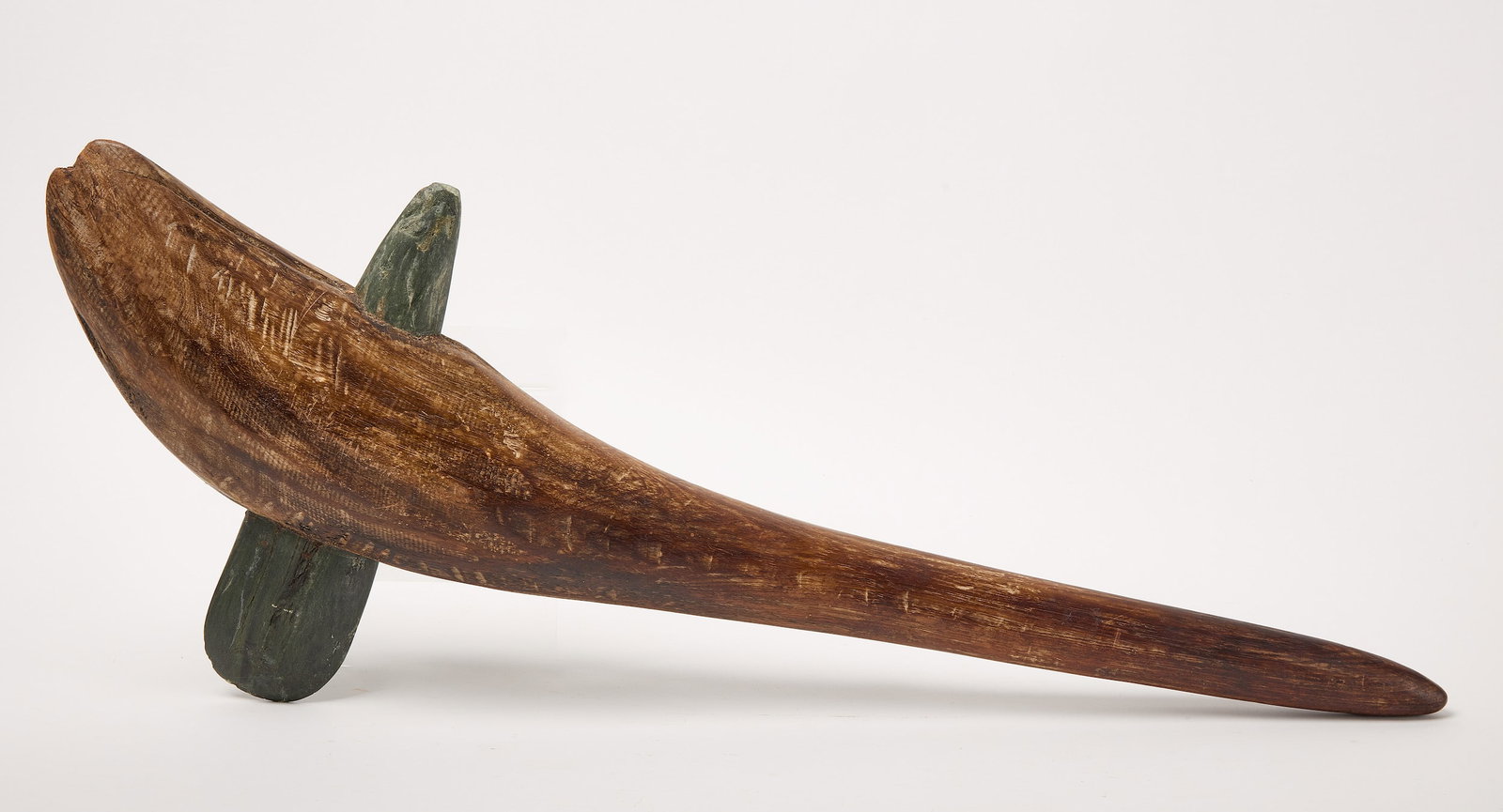War Club: War club. Wood with stone inset. Probably European. L 34-1/8 in W 13-1/8 in. Condition: Minor surface wear. Link to hi-res images: https://www.dropbox.com/scl/fo/w52wobufjf9r3e9mqsufb/h?rlkey=n3nwmjt9