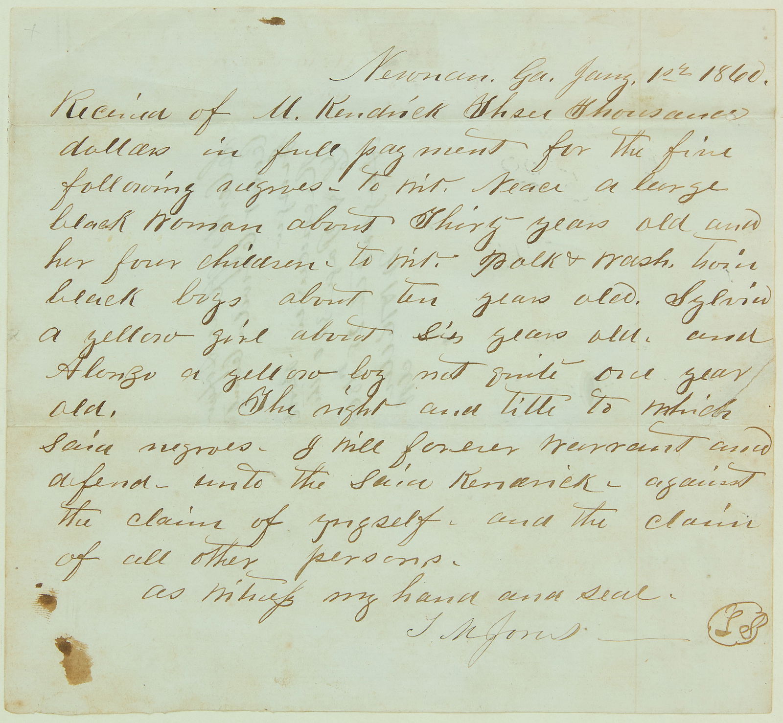 Newnan Georgia Slave Trade Document - 1860 (1 of 3)