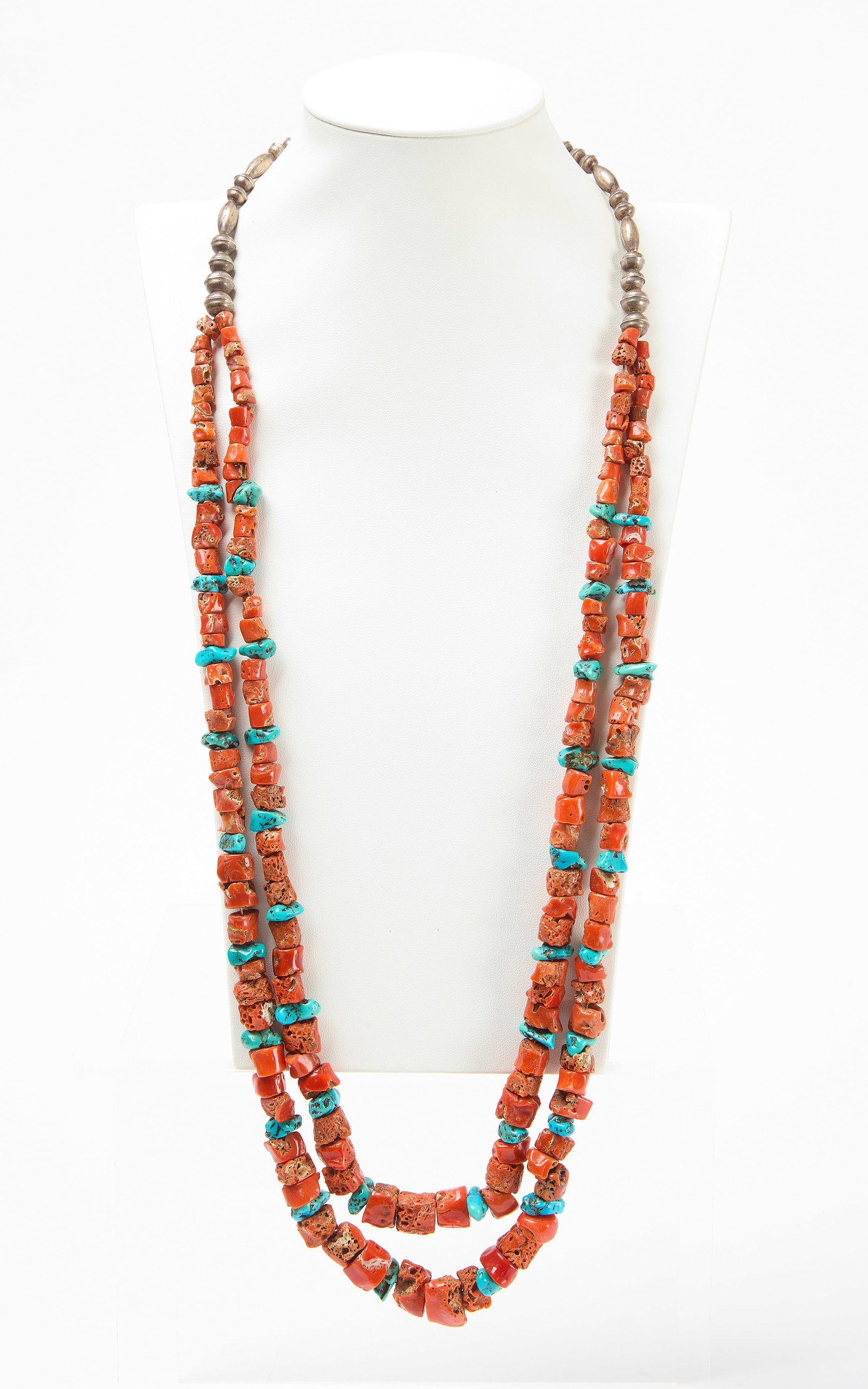 Native Double Strand Turquoise and Coral Necklace (1 of 3)
