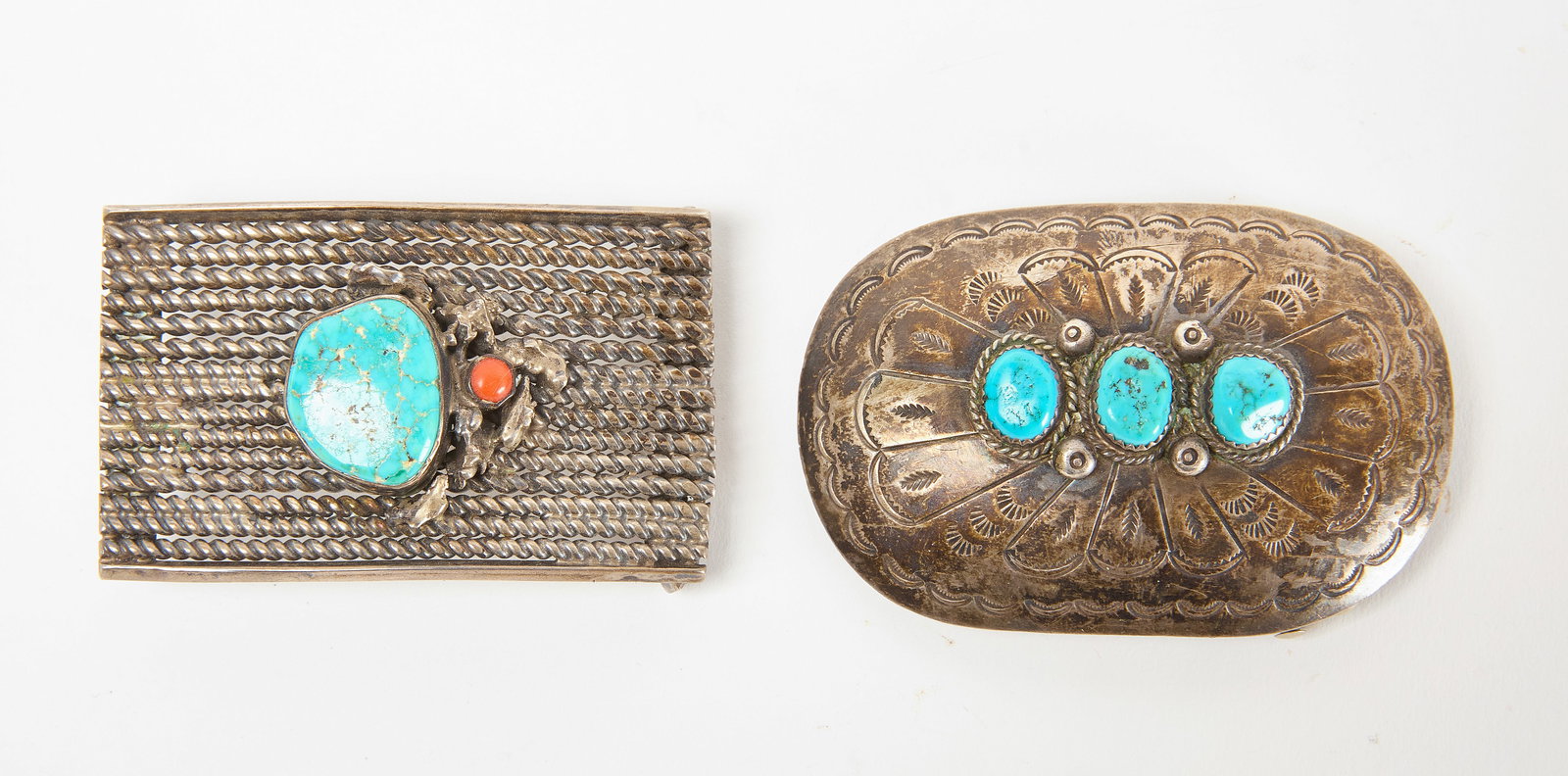 Two Native Sterling and Turquoise Belt Buckles (1 of 3)