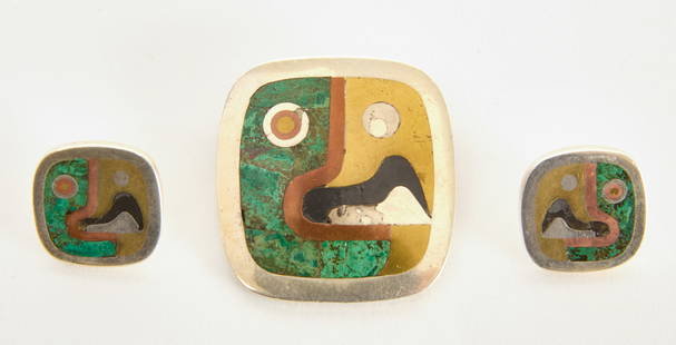 Los Castillo Malachite and Mixed Metals Pin Earring Set: Los Castillo pin and earrings set. Malachite and mixed metals inlaid in sterling silver. Circa 1950. Condition: Minor imperfections. Wearable.