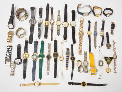 Group of Estate Watches: Group of estate watches as-found. 39 total. Mixture of battery and mechanical movements. Mostly vintage. Brands/names include but not limited to Ernest Borel, Croton, Enzo, Time, Geneva, and Harv
