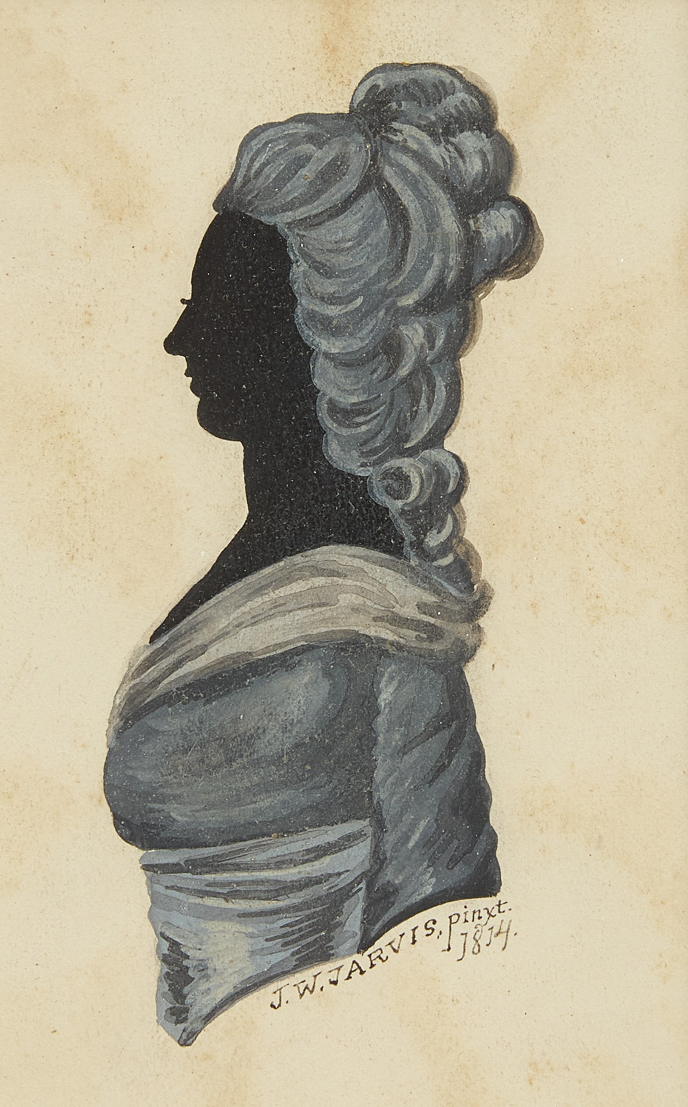 John Wesley Jarvis (1781-1839)- Profile Silhouette Portrait of a Lady: John Wesley Jarvis (1781-1839)- Profile Silhouette Portrait of a Lady. Signed J.W. Jarvis, pinxt. 1814. Watercolor on paper in grain-painted frame. Sight: H 5-1/2 in. W 3-1/2 in. Frame: H 10-7/8 in.&n
