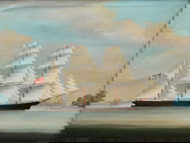 Painting of a Hamburg Ship at the Bocca Tigris Forts Near Canton