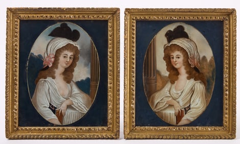 Pair of Reverse Glass Portraits of a Woman