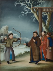 Fine China Trade Reverse Glass Painting- Archer in a Winter Landscape