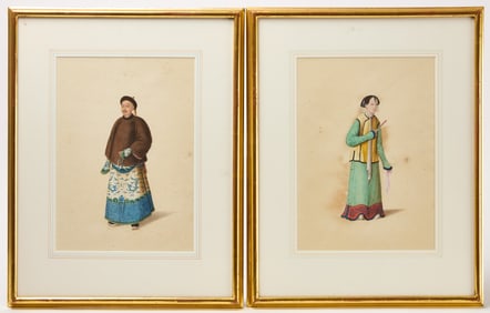 Two Highly Detailed China Trade Watercolors of Mandarins