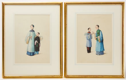 Two Highly Detailed China Trade Watercolors of Mandarins