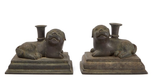 Rare Pair of Chinese Bronze Foo Dog Joss-Stick Holders