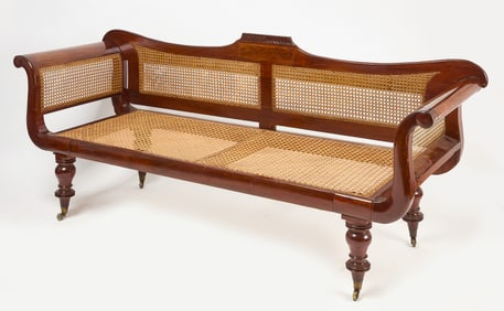 Neoclassical Carved Hardwood Caned Settee