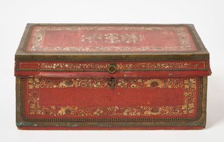 Floral Paint Decorated Red Leather Brass-Mounted Camphor Wood Chest