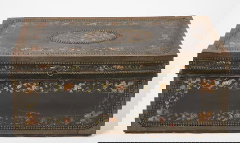 Floral Paint Decorated Green Leather Brass-Mounted Camphor Wood Chest