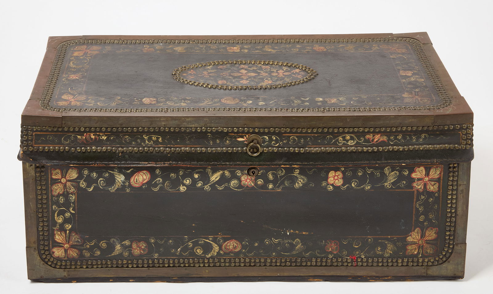 Floral Paint Decorated Green Leather Brass-Mounted Camphor Wood Chest (1 of 7)
