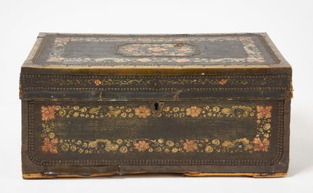 Floral Paint Decorated Black Leather Brass-Mounted Camphor Wood Chest