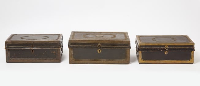 Three Leather Brass-Bound Camphor Wood Chests