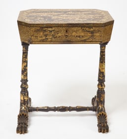 Gilt-Decorated Black Lacquer Lift-Top Sewing and Work Table