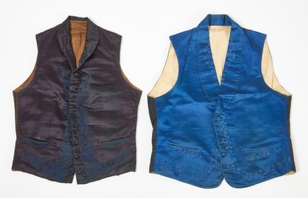 Two Rare Blue Silk Gentleman’s Waistcoats with Embroidered Decoration