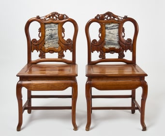 Unusual Pair of China Trade Inset Marble Hardwood Side Chairs