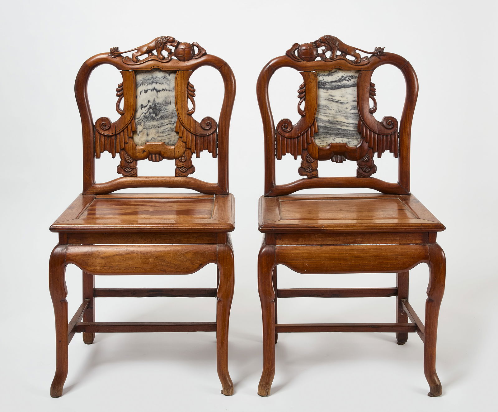 Unusual Pair of China Trade Inset Marble Hardwood Side Chairs (1 of 7)