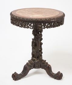 Carved Rosewood Circular Inset Marble Top Table