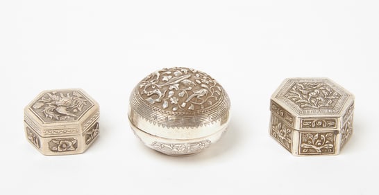 Three Chinese Silver Repoussé Snuff Boxes