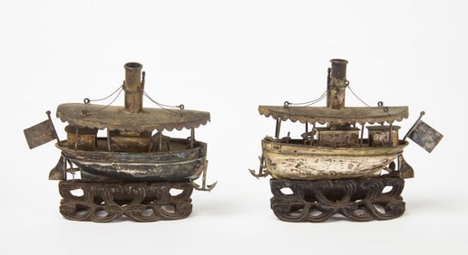 Pair of China Trade Silver Miniature Paddle-Steamships