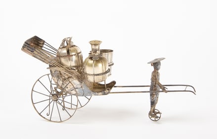 China Trade Large Silver Cruet Stand Modeled as a Rickshaw