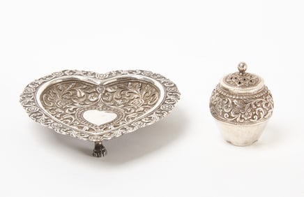 Oomersee Mawjee (O.M.), Bhuj, Kutch, Signed Silver Heart-Shaped Dish and Pepper Pot