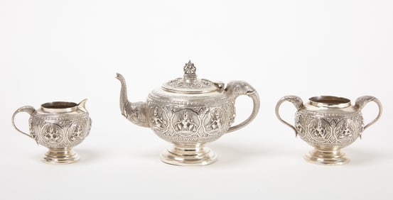 Colonial Indian Three-Piece Silver Tea Set