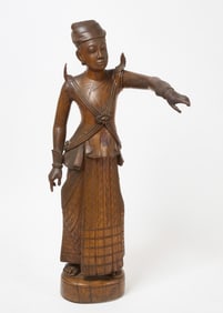 An Unusual Colonial Burmese Carved Life-Size Teak Wood Statue of a Noble Man