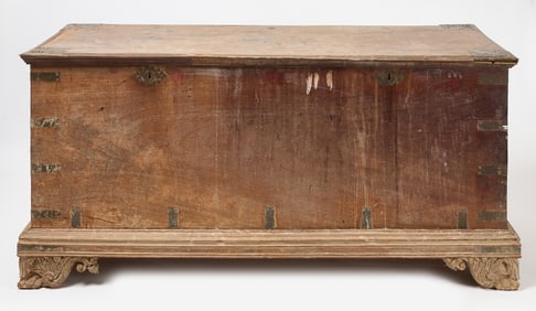 Brass-Mounted Carved Teak Wood Chest on Frame