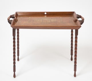 Brass-Inlaid Folding Hardwood Table