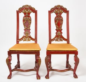 A Rare Pair of Dutch-Colonial Carved and Gilded Red Lacquer High-back Side Chairs